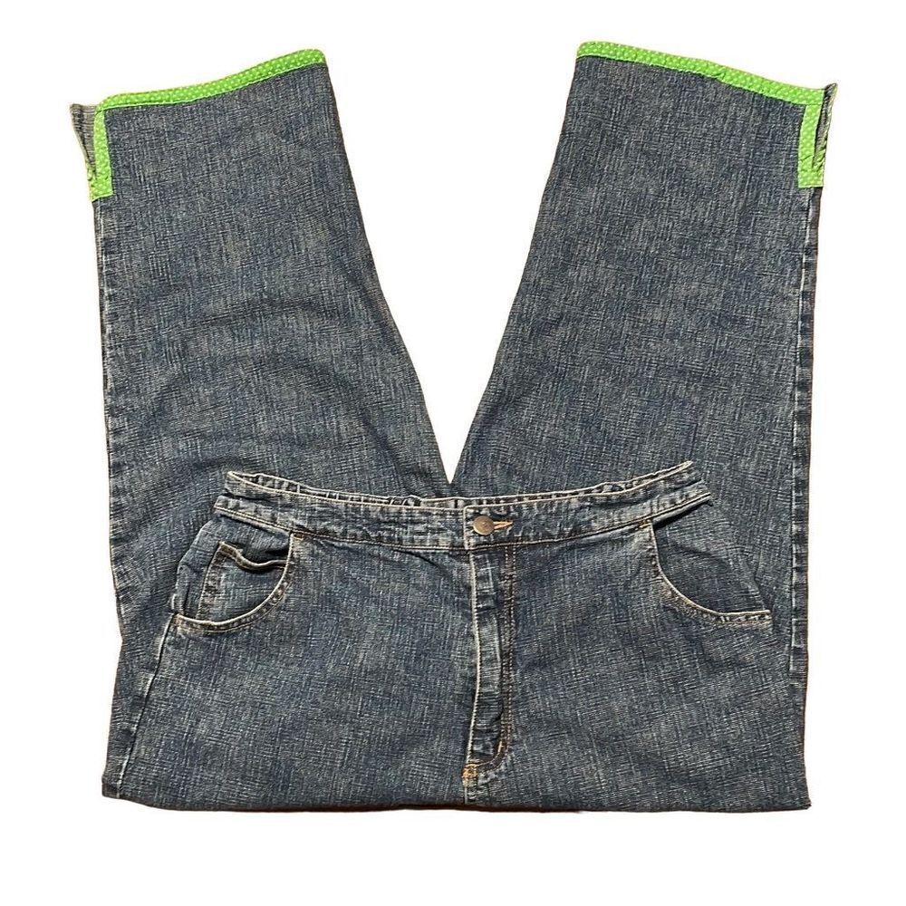 Quacker Factory fun cropped high waist green trim blue jeans size Large